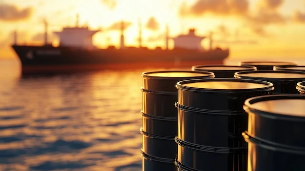 Petroleum supply barrels positioned near marine cargo operations at sunset