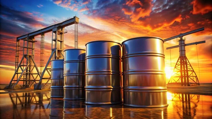 Petroleum storage drums and industrial loading structures at sunset